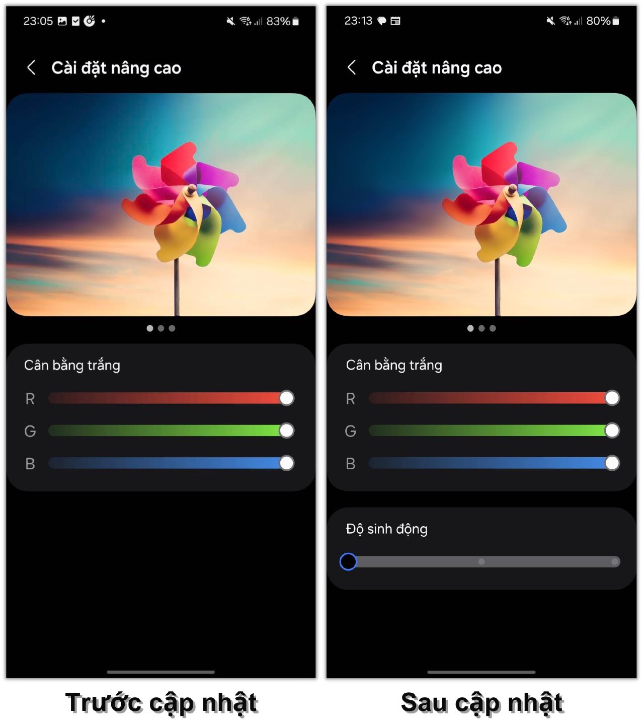 So sánh giao diện Cài đặt nâng cao màn hình của Galaxy S24 Ultra trước cập nhật (trái) và sau khi cập nhật (phải).