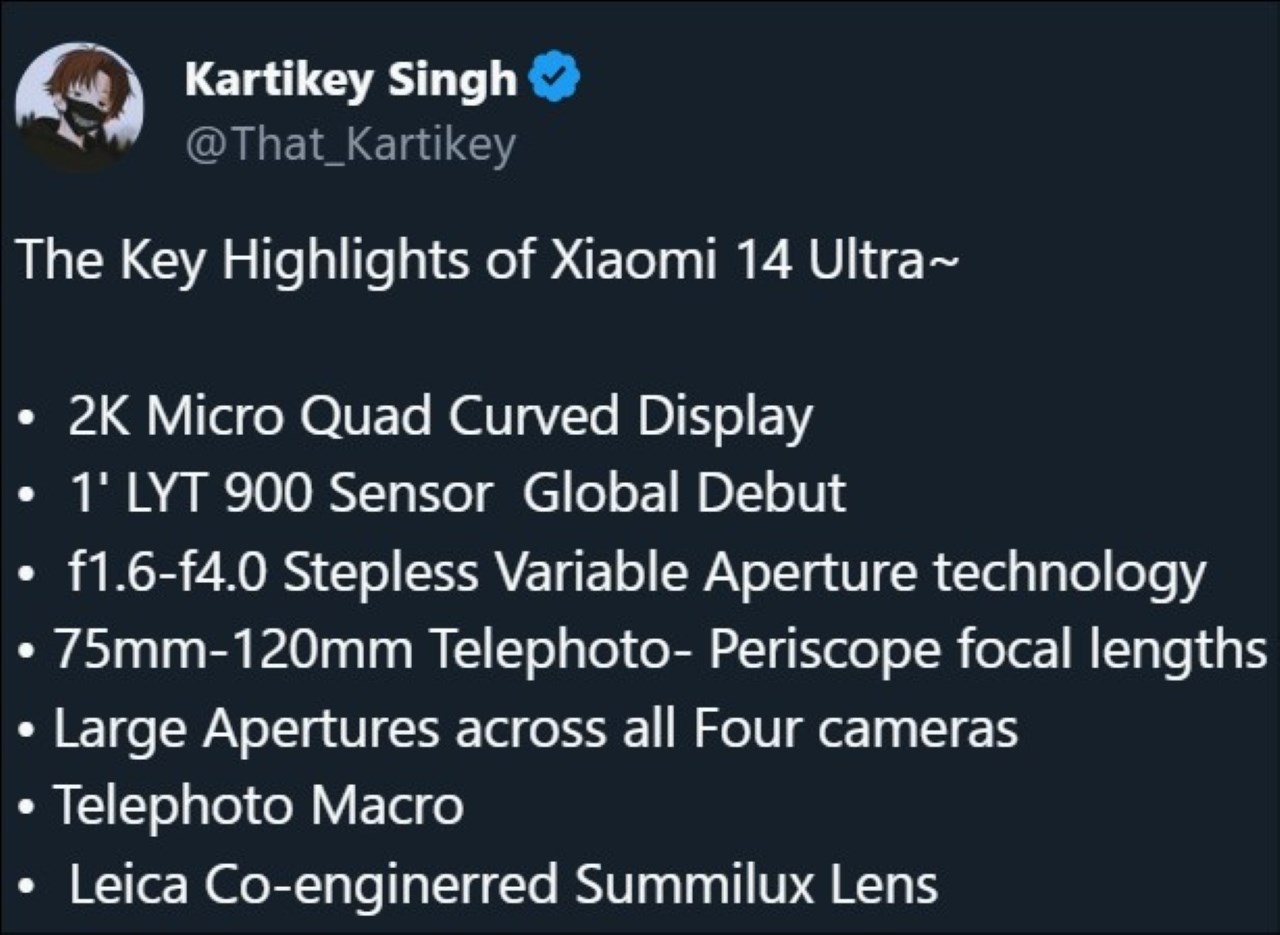 Leaker Kartikey Singh tiết lộ về camera của Xiaomi 14 Ultra