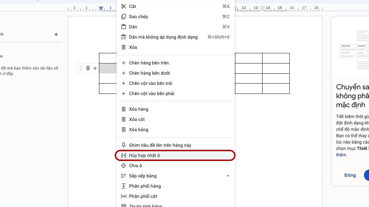 Cách gộp ô, tách ô trong Google Doc