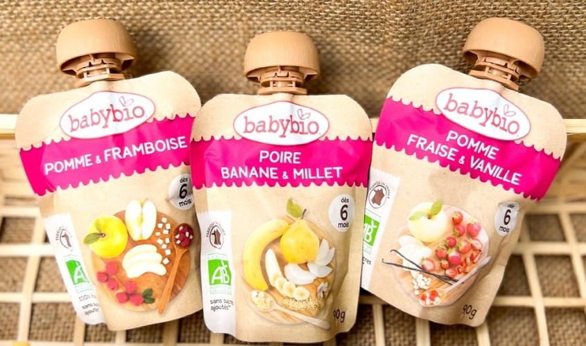 Trái cây nghiền Babybio lê, chuối và hạt kê túi 90g