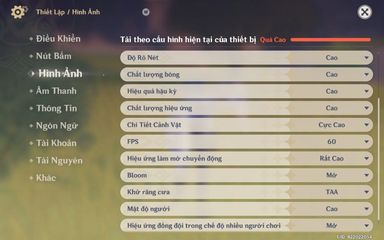 Thiết lập đồ họa trong Genshin Impact mà mình đã chỉnh với Xiaomi Pad 6.