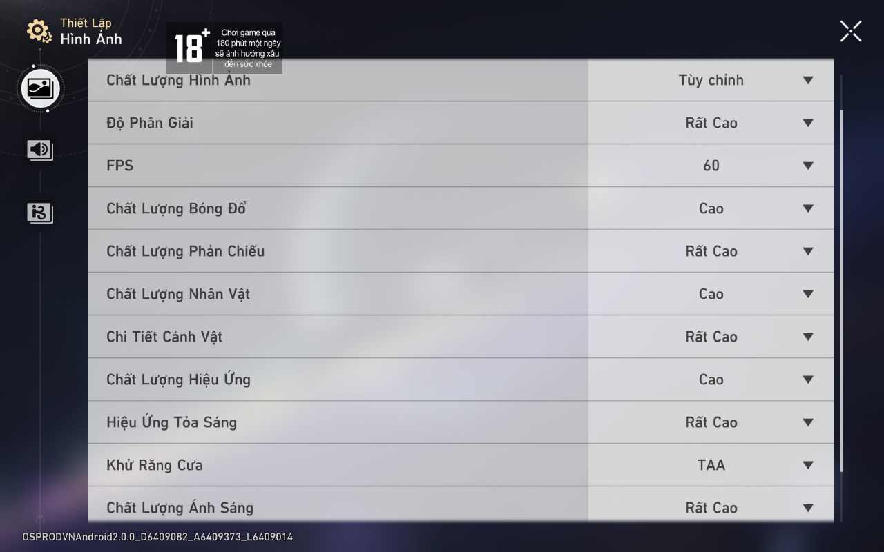Thiết lập đồ họa trong Honkai: Star Rail mà mình đã chỉnh với Xiaomi Pad 6.