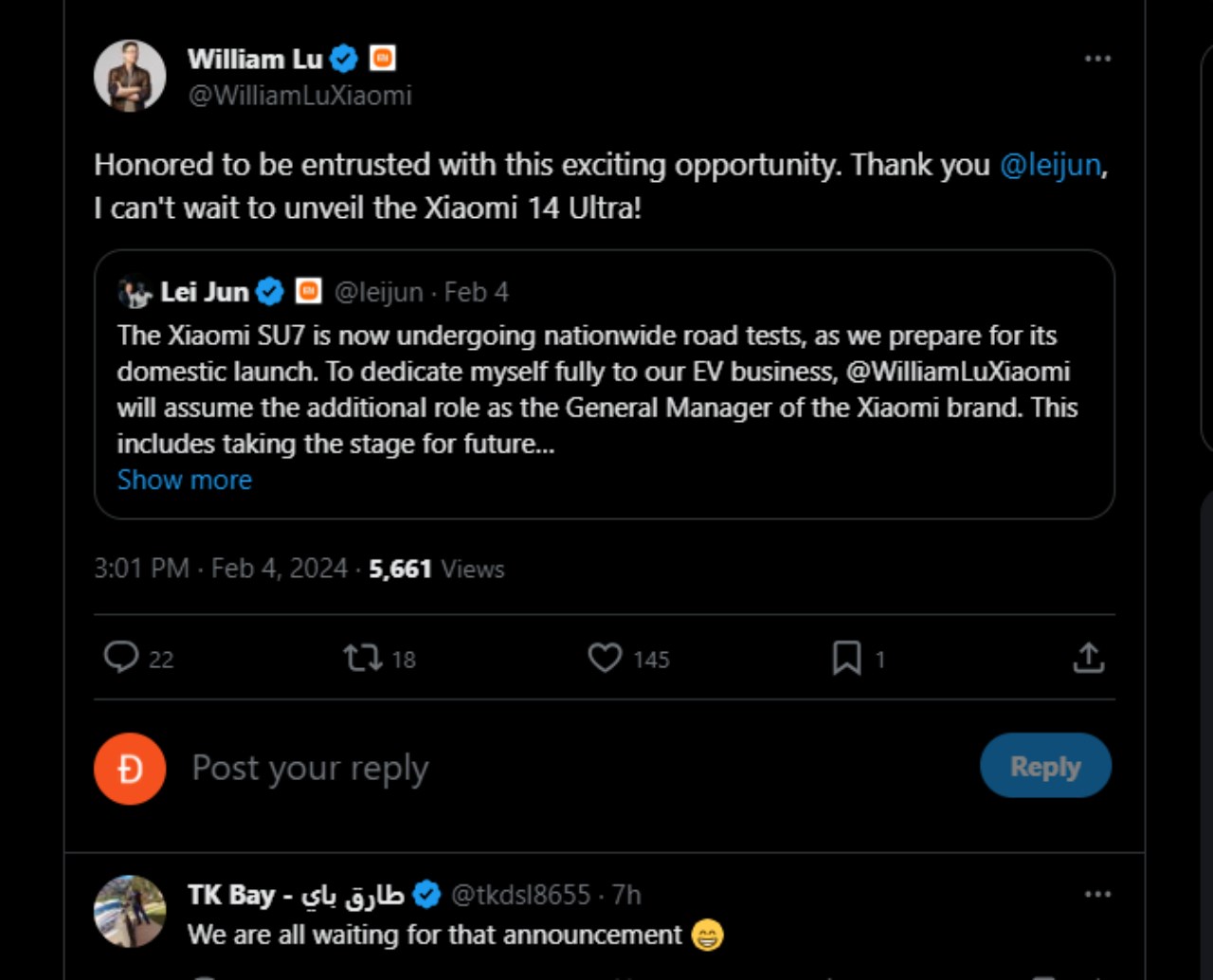 Bài viết của William Lu trên X