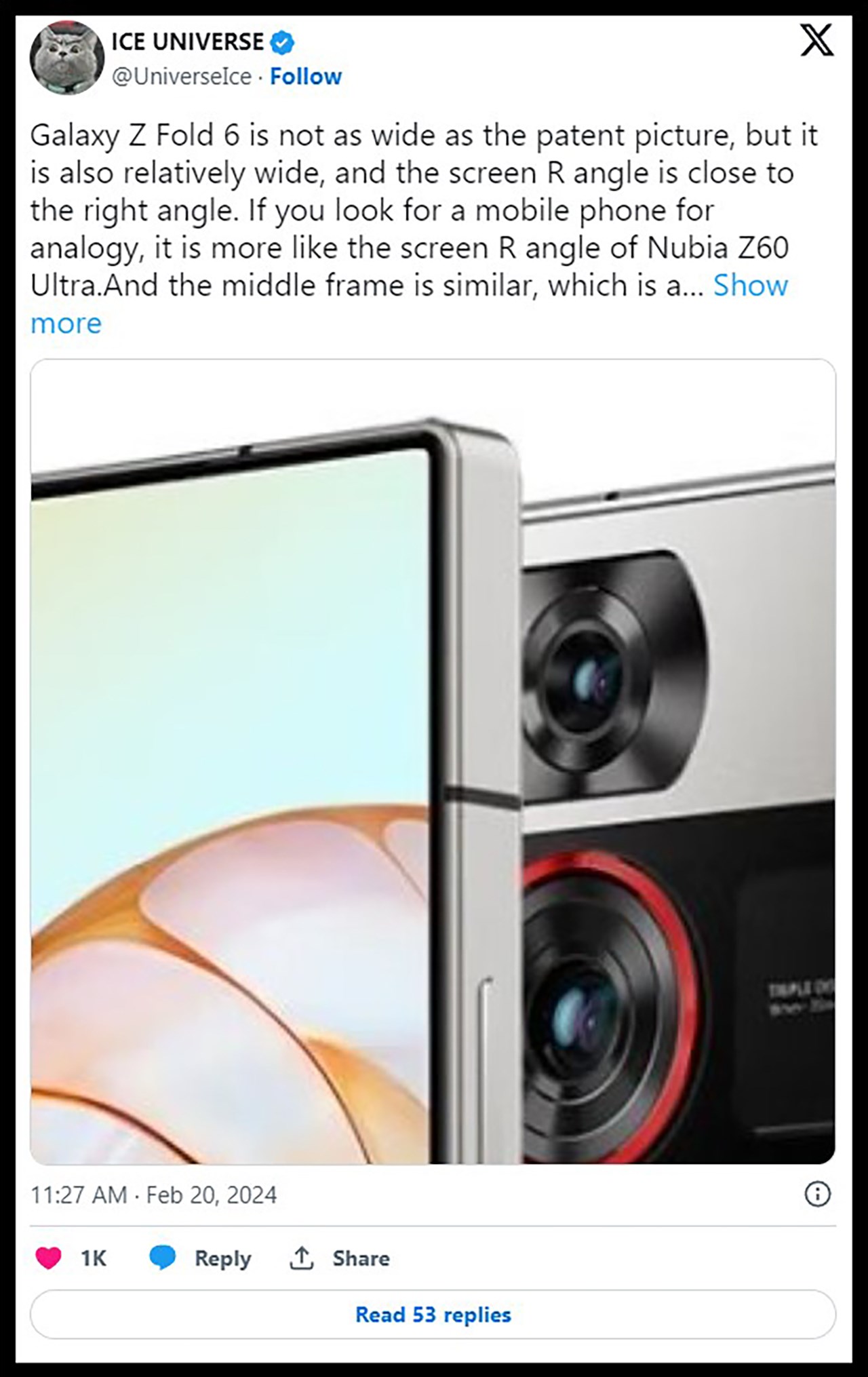 Galaxy z Fold6 sẽ có màn hình ngoài lớn, khung viền vuông hơn nhiều so với các thế hệ trước và theo ICE Universe thì thiết bị gần giống với Nubia Z60 Ultra. Nguồn: GSMArena. Galaxy z Fold6 sẽ có màn hình ngoài lớn, khung viền vuông hơn nhiều so với các thế hệ trước và theo ICE Universe thì thiết bị gần giống với Nubia Z60 Ultra. Nguồn: GSMArena.