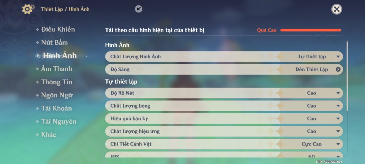 Thiết lập đồ họa Genshin Impact mà mình đã đặt trên Xiaomi 12T Pro cập nhật Xiaomi HyperOS.