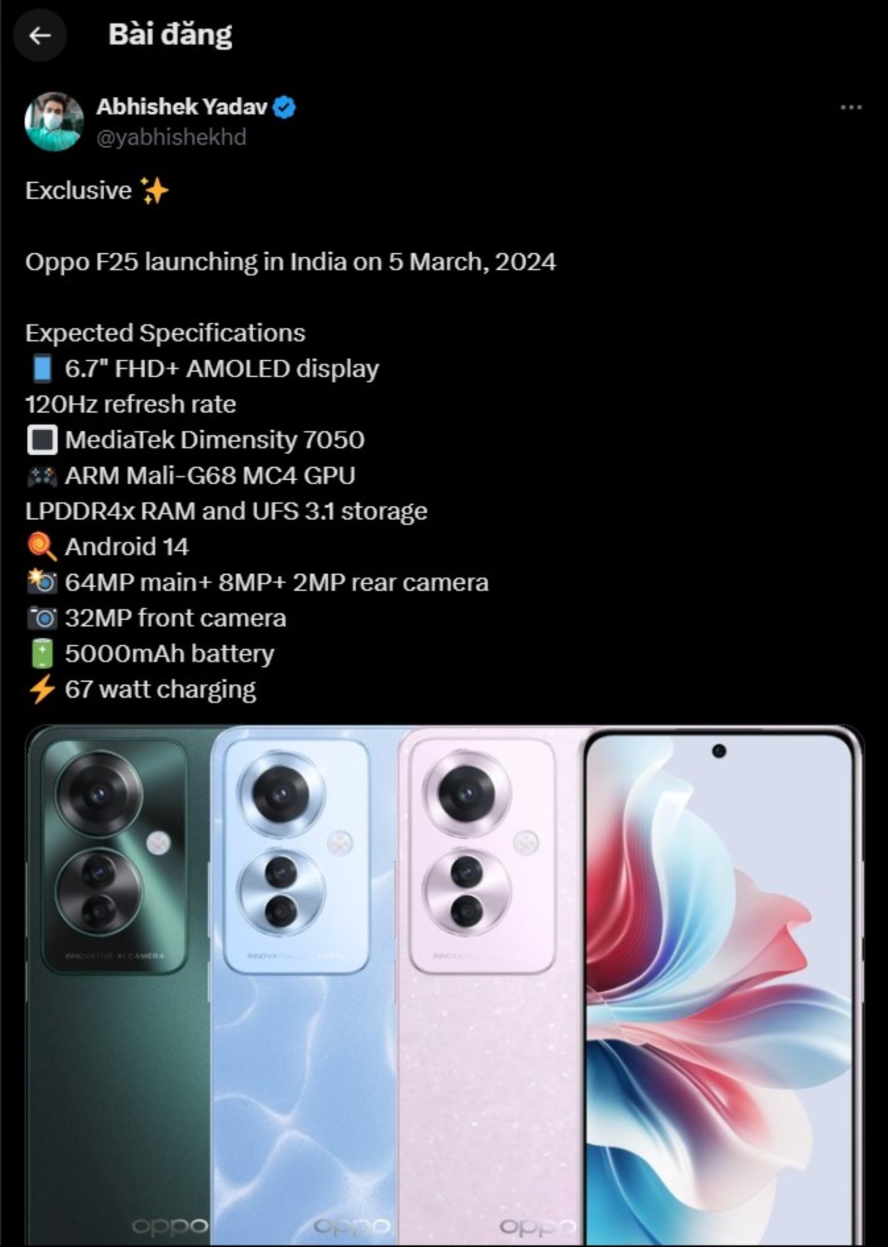 Bài đăng của leaker Abhishek Yadav trên mạng xã hội X