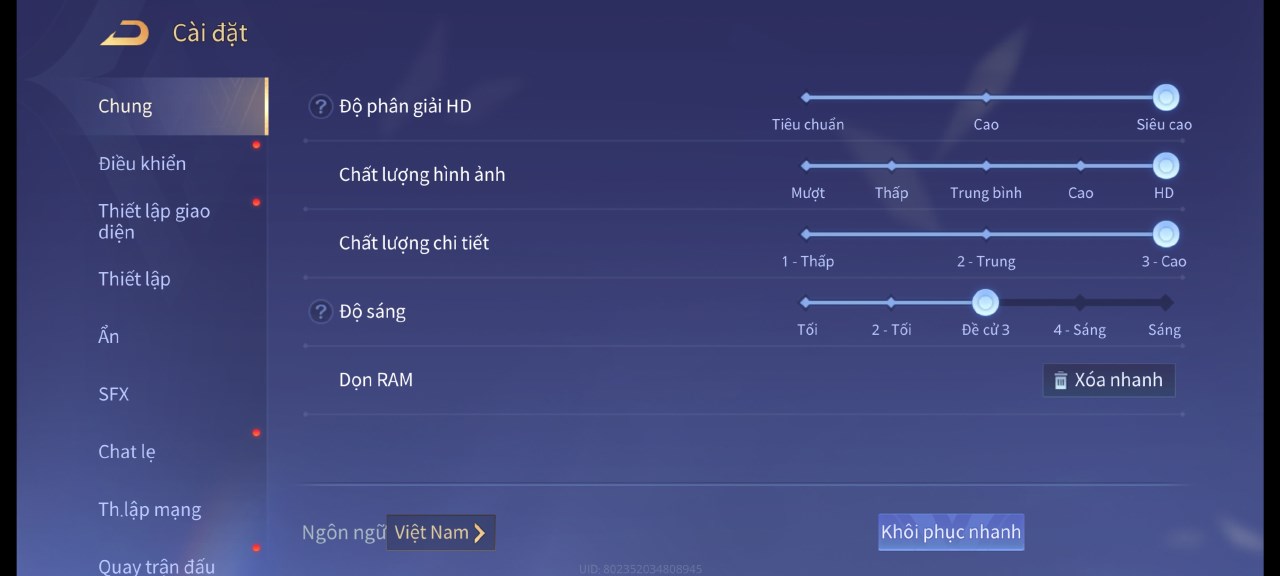 Thiết lập đồ họa trong Liên Quân Mobile mà mình dùng để test pin xiaomi 12T Pro cập nhật Xiaomi HyperOS.