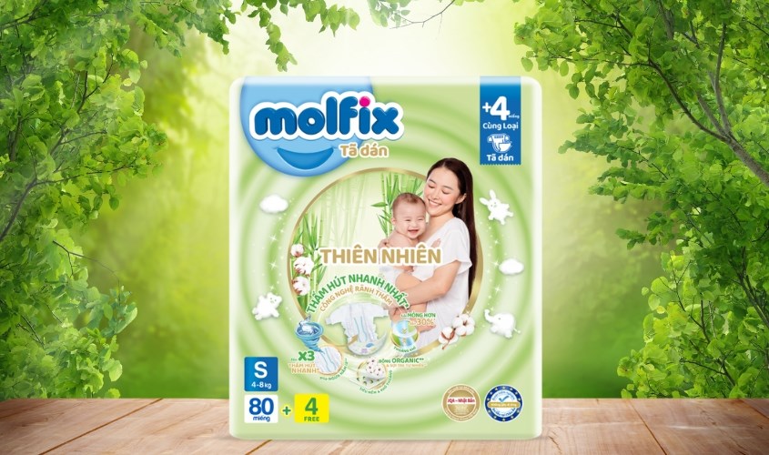 Tã dán Molfix thiên nhiên size S 80 + 4 miếng (4 - 8 kg) - Giao bao bì ngẫu nhiên