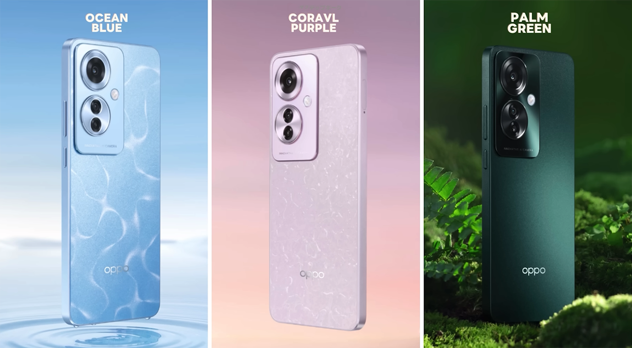 OPPO Reno11 F 5G có 3 màu cho bạn lựa chọn là Xanh dương, Tím và Xanh lá. Nguồn: StepGeekTV Online.
