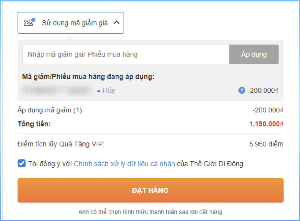 Sao chép mã ở mục Mã ưu đãi