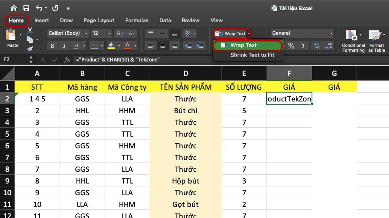 Cách xuống dòng trong Excel