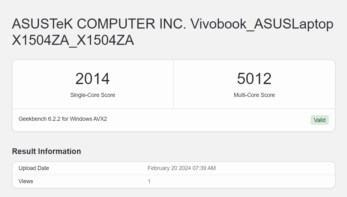 Điểm hiệu năng đơn nhân/đa nhân Geekbench 6 của ASUS Vivobook 15 X1504ZA