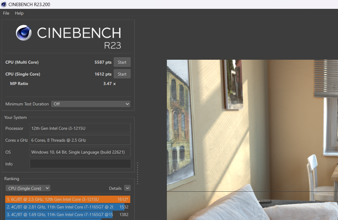 Điểm hiệu năng đơn nhân/đa nhân Cinebench R23 của ASUS Vivobook 15 X1504ZA.