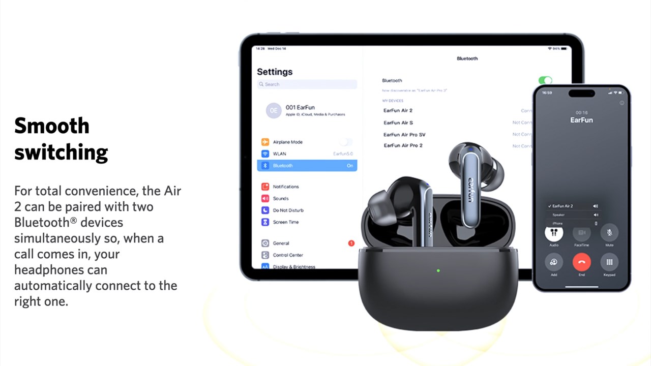 Nhờ vào chuẩn kết nối Bluetooth 5.3 hiện đại, EarFun Air 2 có thể chuyển đổi nhanh chóng giữa hai thiết bị di động cùng một lúc. Nguồn: EarFun. Nhờ vào chuẩn kết nối Bluetooth 5.3 hiện đại, EarFun Air 2 có thể chuyển đổi nhanh chóng giữa hai thiết bị di động cùng một lúc. Nguồn: EarFun.