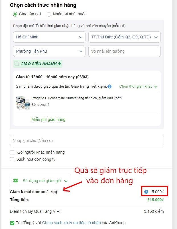 Khuyến mãi sẽ được giảm trực tiếp vào đơn hàng.