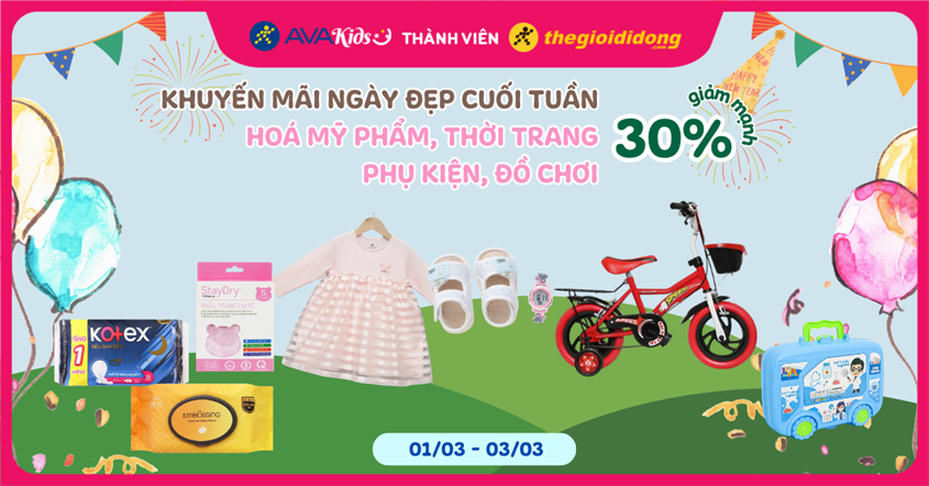 (1/3 - 3/3) Khuyến mãi ngày đẹp cuối tuần: Hoá mỹ phẩm, thời trang, phụ kiện, đồ chơi giảm mạnh đến 30%. Săn ngay!
