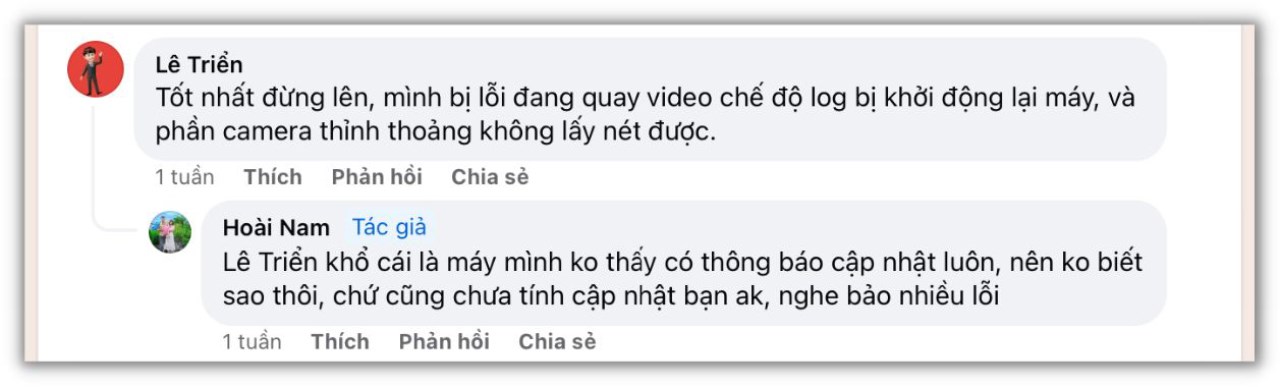 Người dùng Facebook Lê Triển đã phản hồi một số lỗi liên quan đến ứng dụng Camera trên Xiaomi 13T Pro chạy Xiaomi HyperOS. Nguồn: Facebook Hoài Nam.