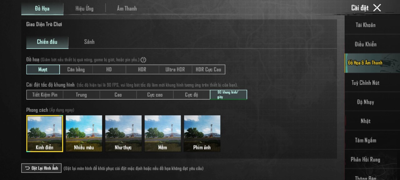 Thiết lập đồ họa trong PUBG Mobile mà mình đã chỉnh với Xiaomi 13T Pro.