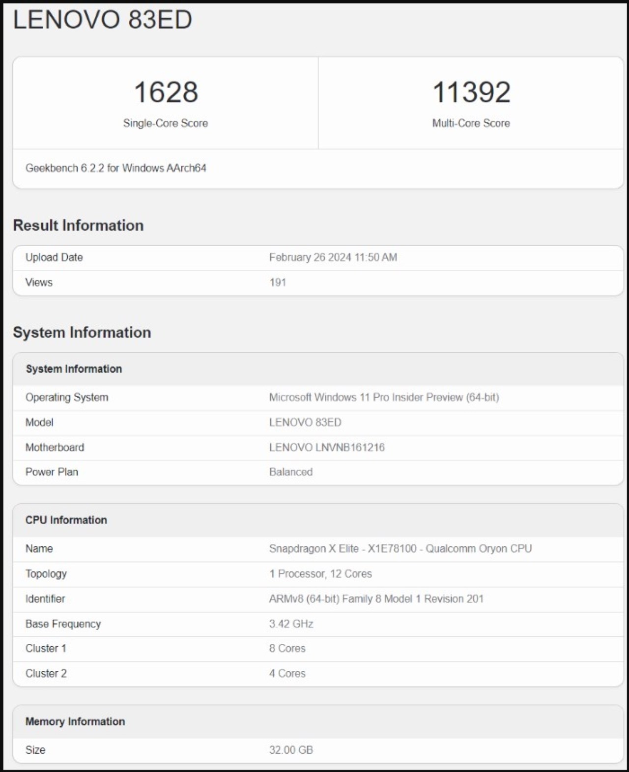 Điểm số Geekbench bị rò rỉ của vi xử lý Snapdragon X Elite trong Lenovo 83ED