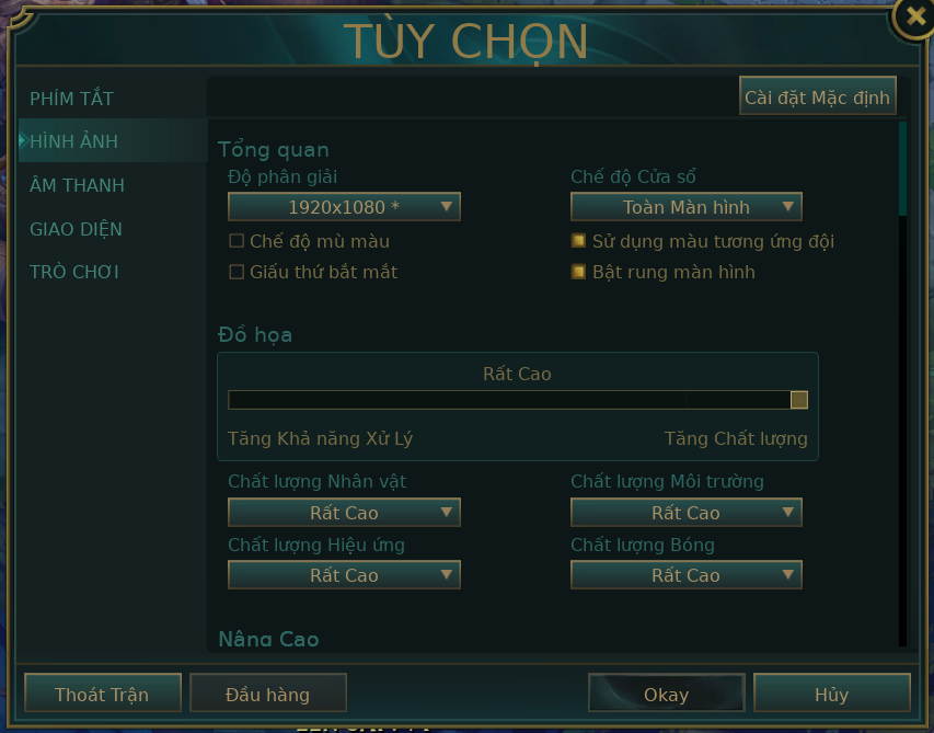 Thiết lập đồ họa Liên Minh Huyền Thoại mà mình đã đặt trên ASUS Vivobook X1404ZA
