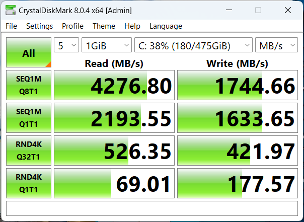 Kết quả bài test Crystal Diskmark của ASUS Vivobook X1404ZA