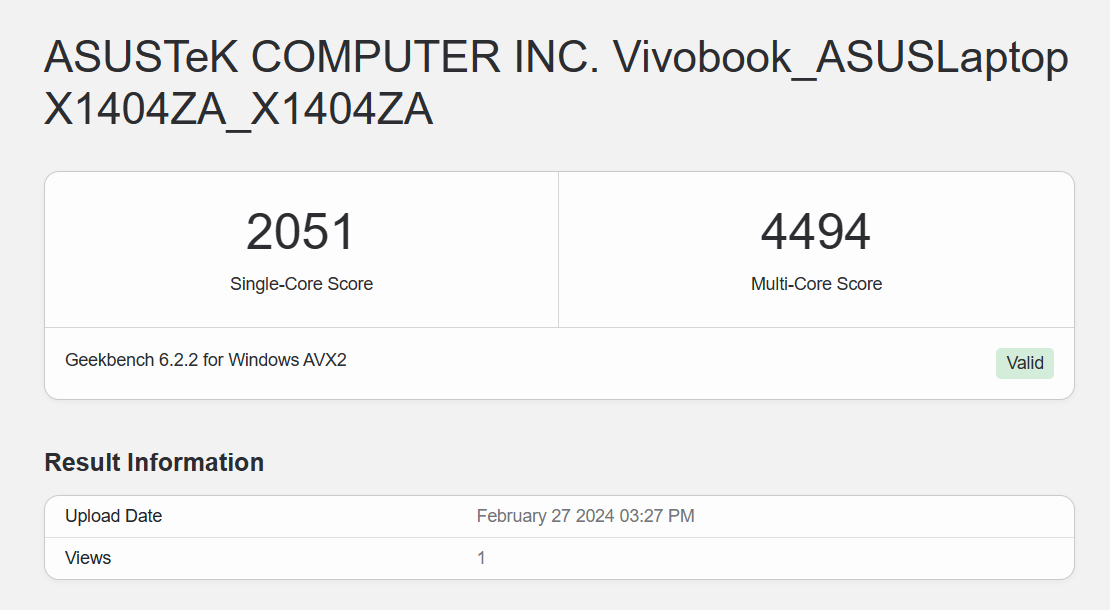 Điểm Geekbench 6 của ASUS Vivobook X1404ZA