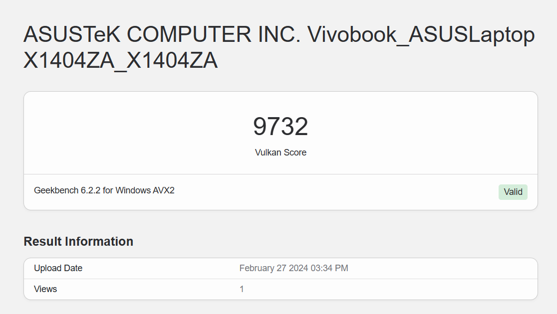 Điểm đồ họa Vulkan Geekbench 6 của ASUS Vivobook X1404ZA