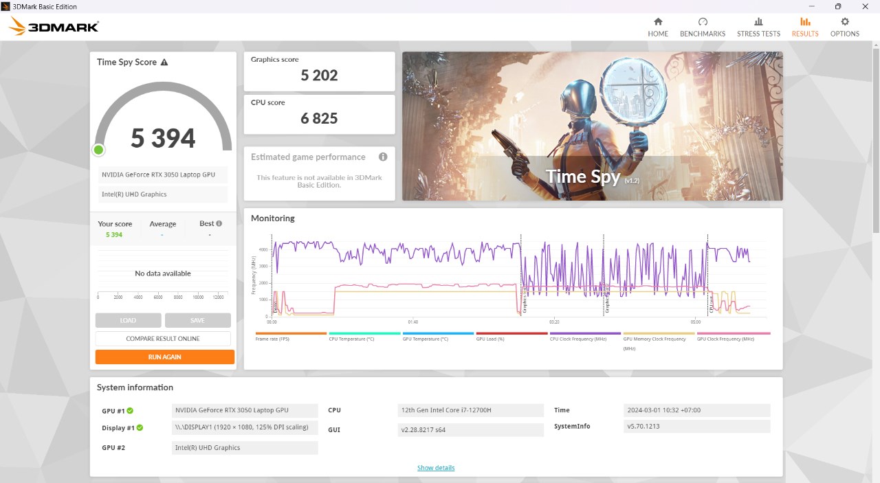 Kết quả bài test 3DMark của Acer Nitro 5 AN515 58 769J.