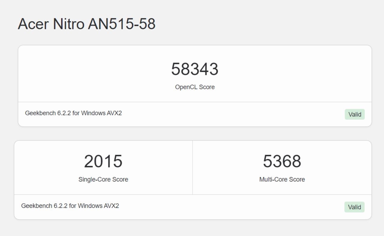 Điểm Geekbench 6 của Acer Nitro 5 AN515 58 769J.