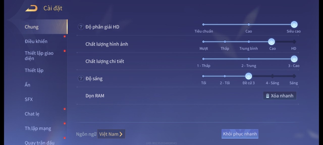 Thiết lập đồ họa trong Liên Quân Mobile mà mình dùng để test pin Redmi Note 13 Pro 4G.