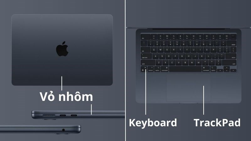 MacBook Air M3 có thiết kế vỏ nhôm và có kích thước keyboard, trackpad lớn