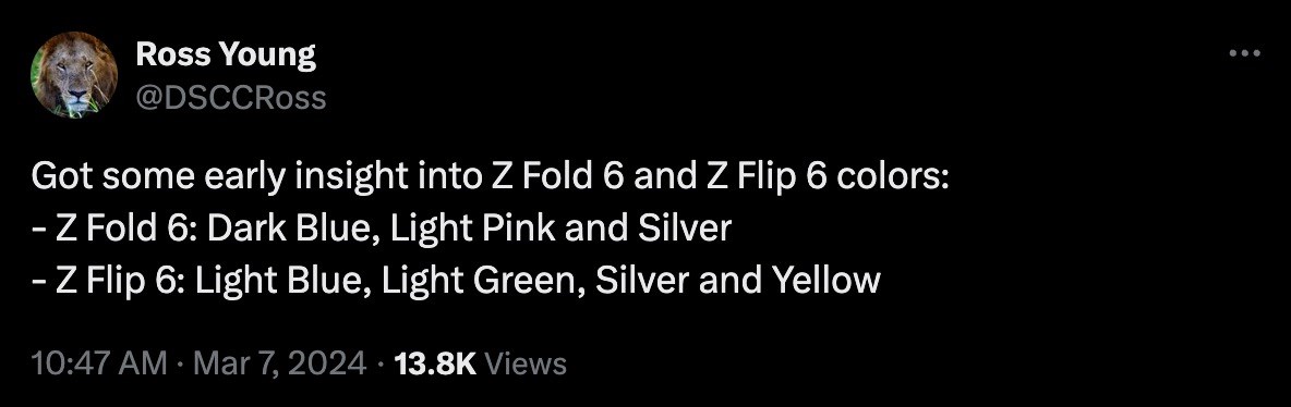 Bài đăng của chuyên gia Ross Young về rò rỉ tuỳ chọn màu của loạt flagship gập Samsung tiếp theo