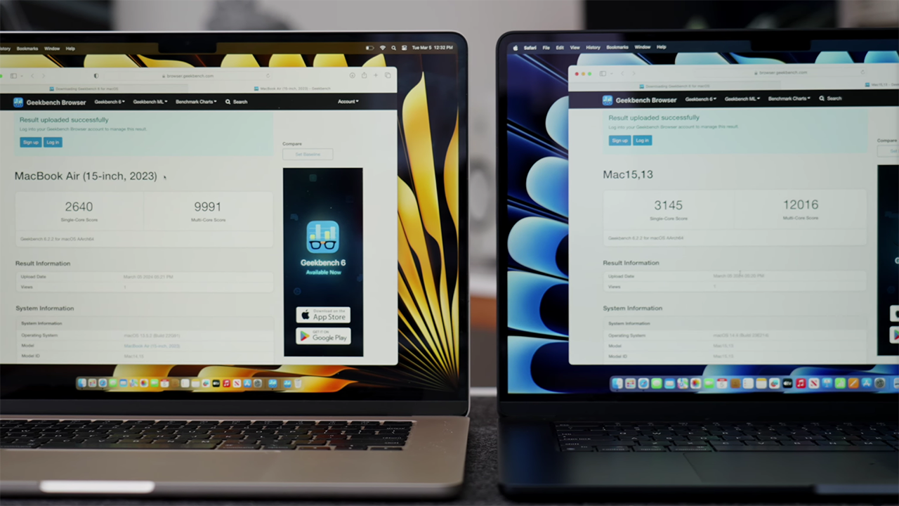 So sánh điểm GeekBench 6 (đơn nhân/đa nhân) của MacBook Air M2 (trái) và MacBook Air M3 (phải). Nguồn: Karl Conrad.