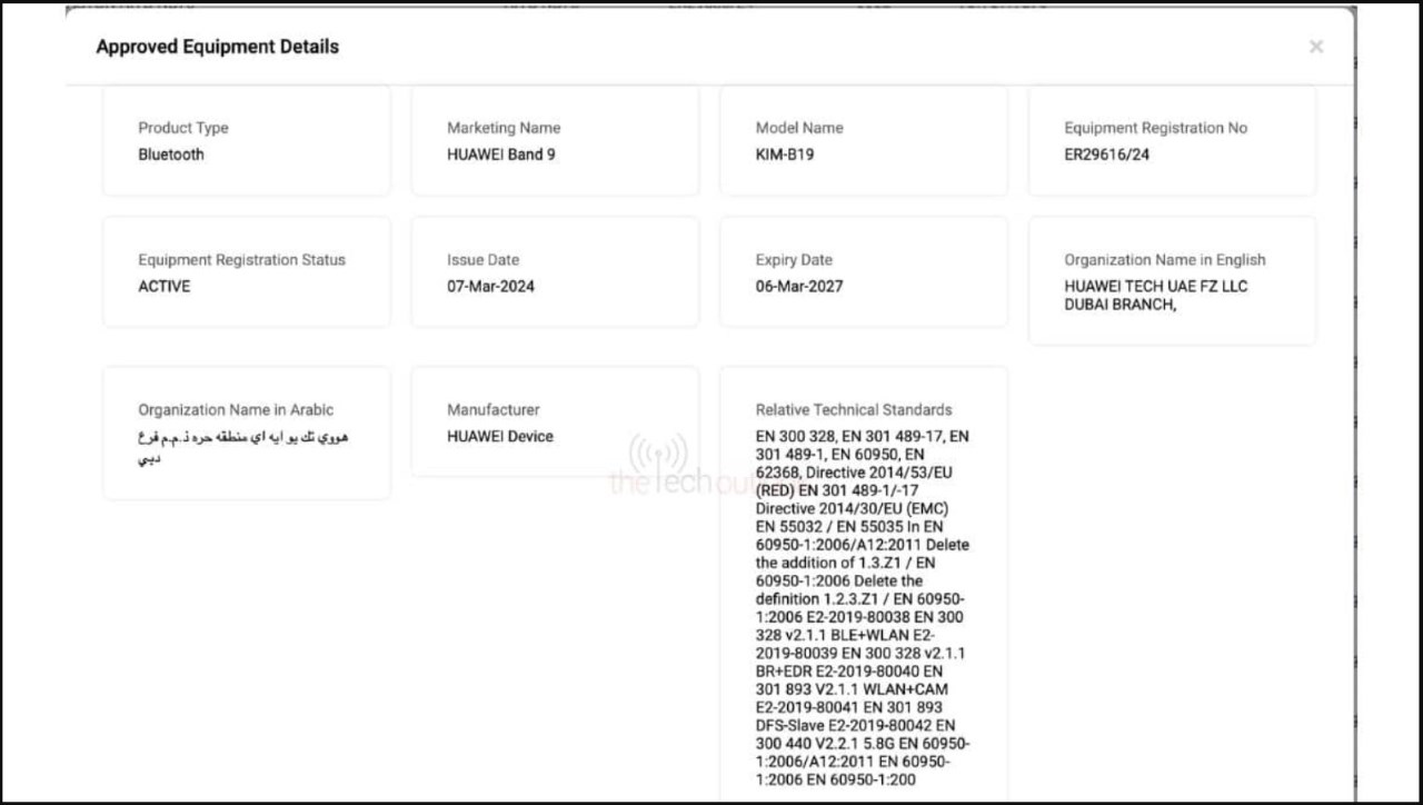 Danh sách chứng nhận TDRA của Huawei Band 9