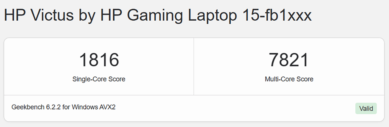 Điểm hiệu năng đơn/đa nhân Geekbench 6 của HP VICTUS 15 fb1022AX
