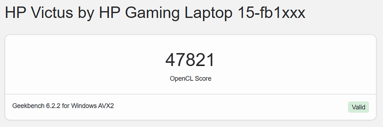 Điểm hiệu năng đồ họa OpenCL của HP VICTUS 15 fb1022AX được chấm bởi Geekbench 6