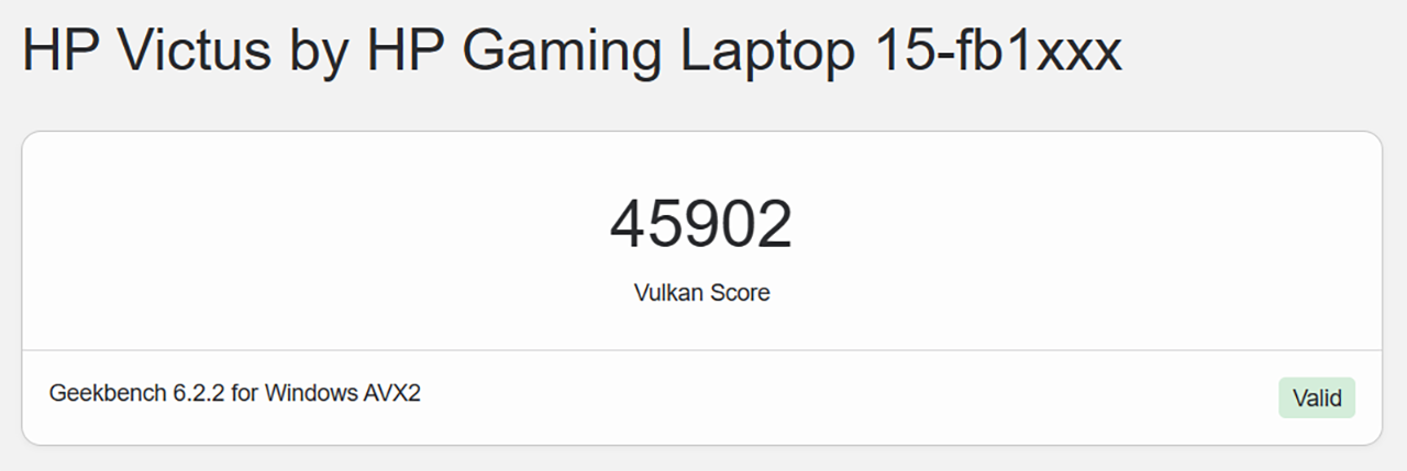 Điểm hiệu năng đồ họa Vulkan của HP VICTUS 15 fb1022AX được chấm bởi Geekbench 6