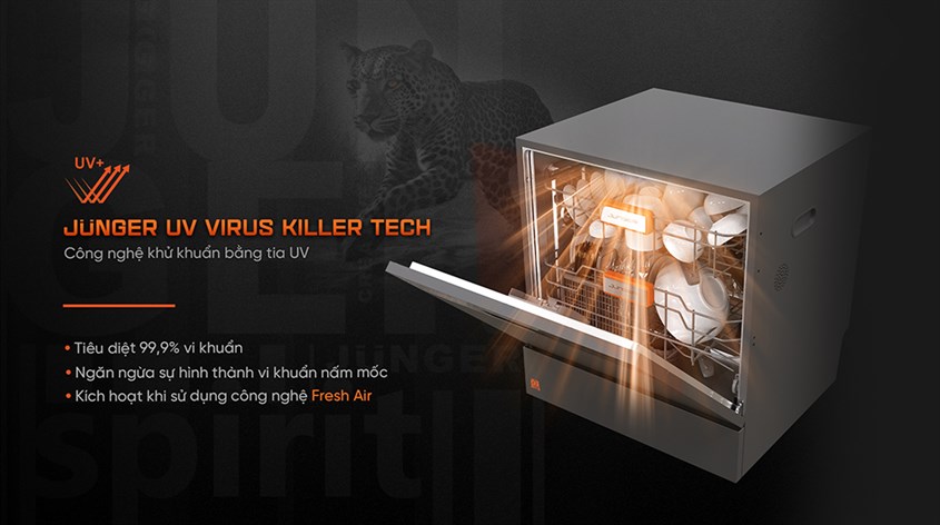 Chức năng diệt khuẩn bằng tia UV- Junger UV Virus Killer Tech mang đến khả năng kháng khuẩn, tiêu diệt nấm mốc tuyệt vời cho máy rửa chén độc lập Junger DWJ-103 