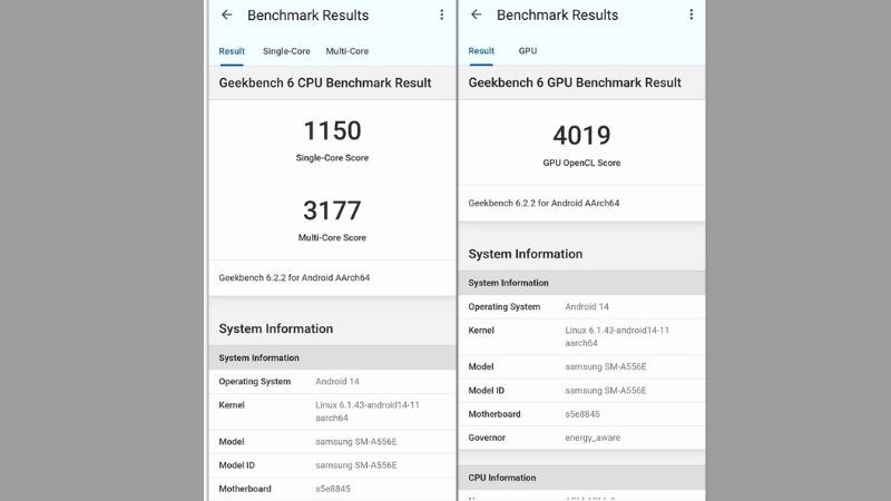 Điểm đ&aacute;nh gi&aacute; hiệu năng của Samsung A55 tr&ecirc;n thang đo GeekBench