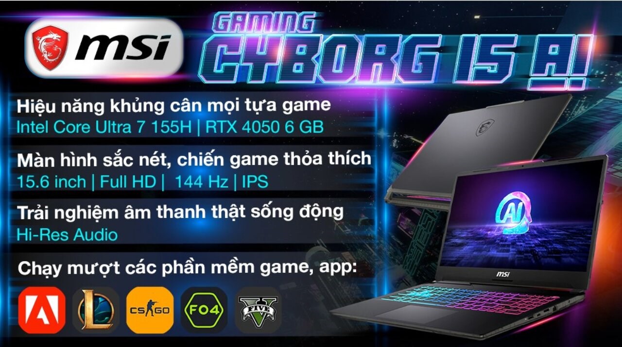 Laptop MSI Gaming Cyborg 15 AI A1VEK Ultra 7 155H/16GB/512GB/6GB RTX4050/144Hz/Balo/Win11 (053VN) 