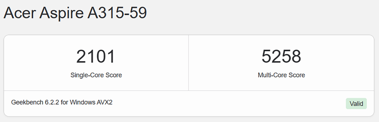 Điểm GeekBench 6 đơn nhân/đa nhân của Acer Aspire 3 A315 59 5283