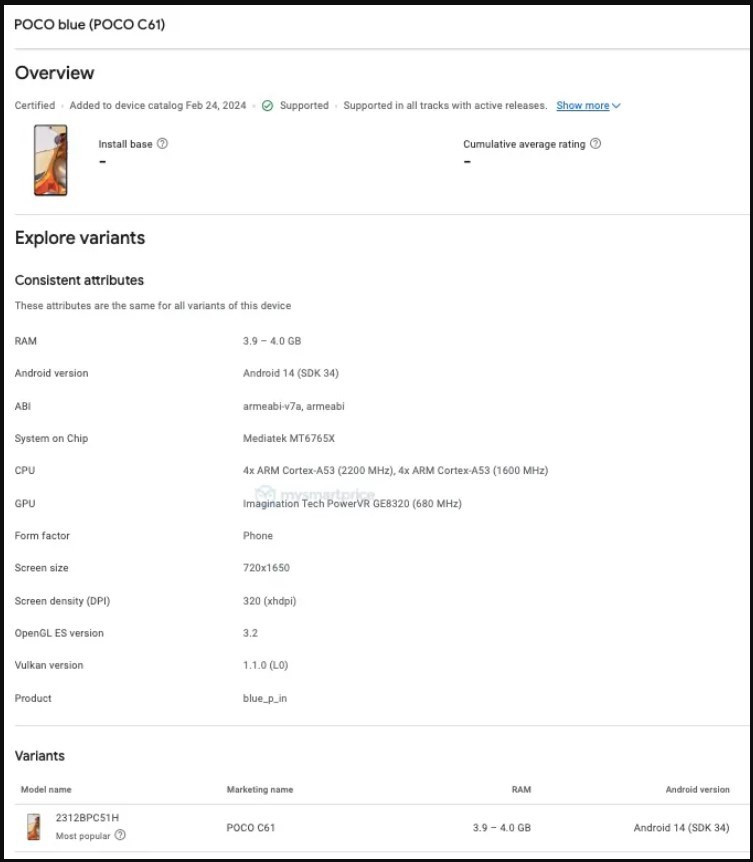 Danh sách chứng nhận Google Play Console của POCO C61 Danh sách chứng nhận Google Play Console của POCO C61
