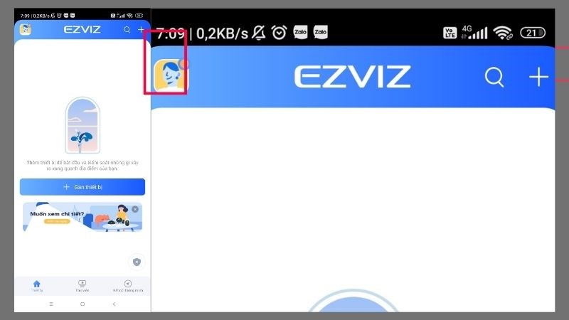 Để chia sẻ camera Ezviz cho điện thoại khác, ấn vào biểu tượng góc trái