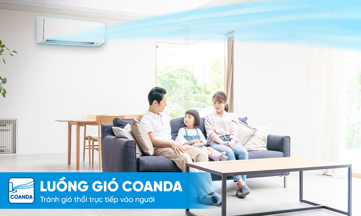 Công nghệ luồng gió Coanda giúp máy lạnh Daikin Inverter 1 HP ATKB25YVMV nhanh chóng lan tỏa hơi mát lạnh khắp phòng mà không thổi trực tiếp vào người dùng