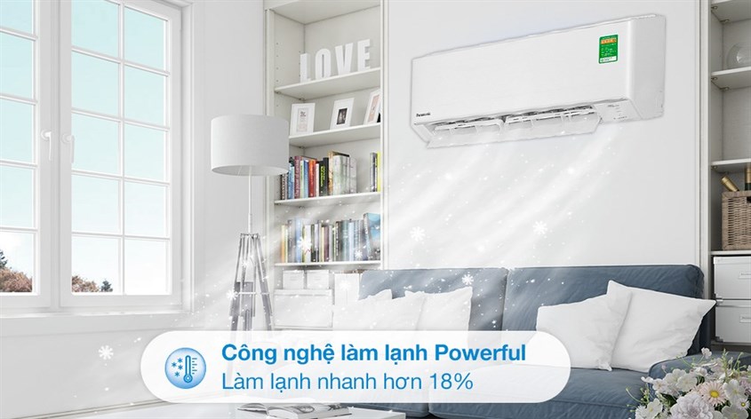 Chế độ làm lạnh Powerful được tích hợp trên máy lạnh Panasonic Inverter 2 HP CU/CS-PU18AKH-8 giúp tăng hiệu suất làm lạnh lên đến 18% 