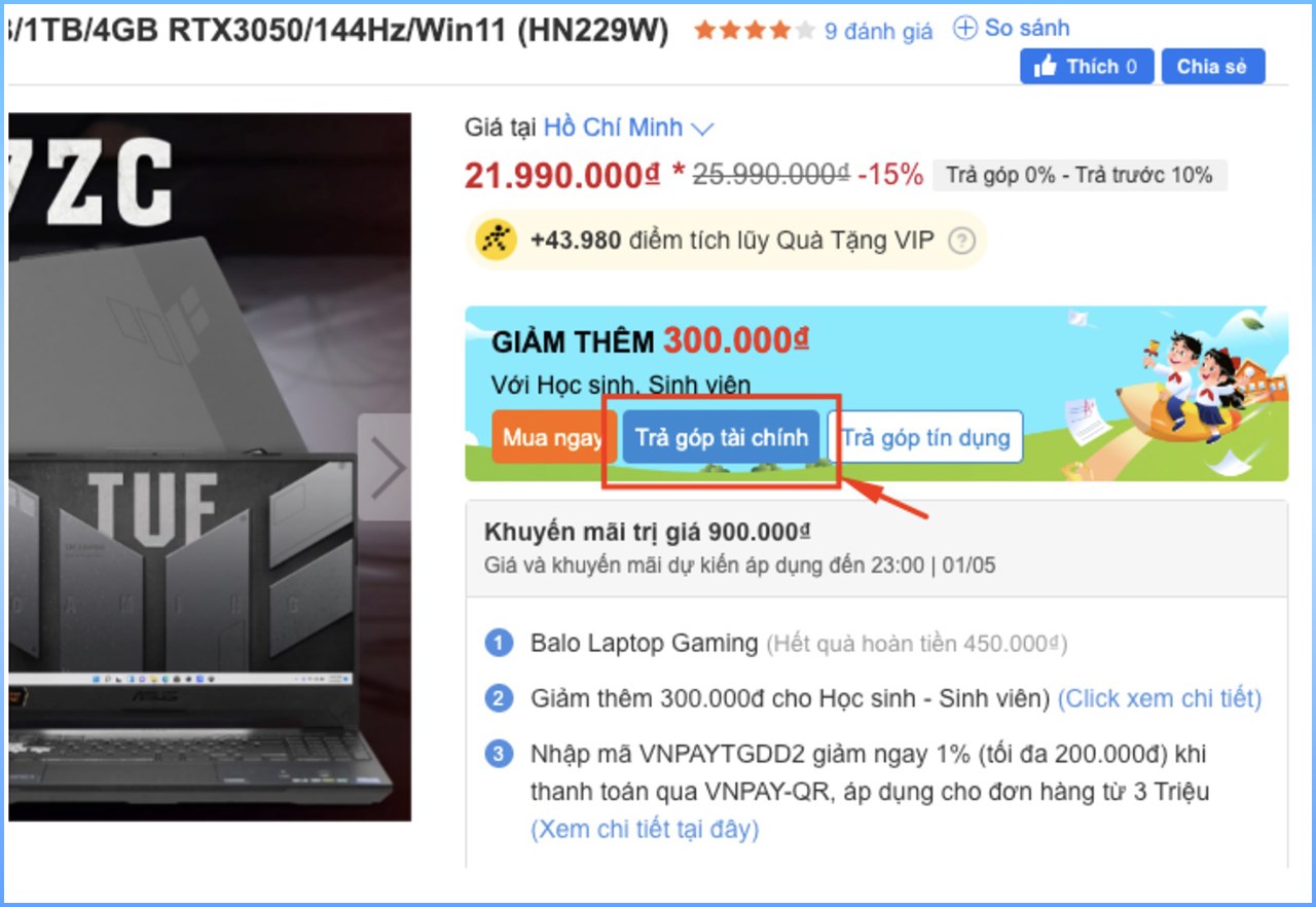 Mua trả góp qua Công ty Tài chính: Khách vui lòng bấm nút “Trả góp tài chính” trên banner