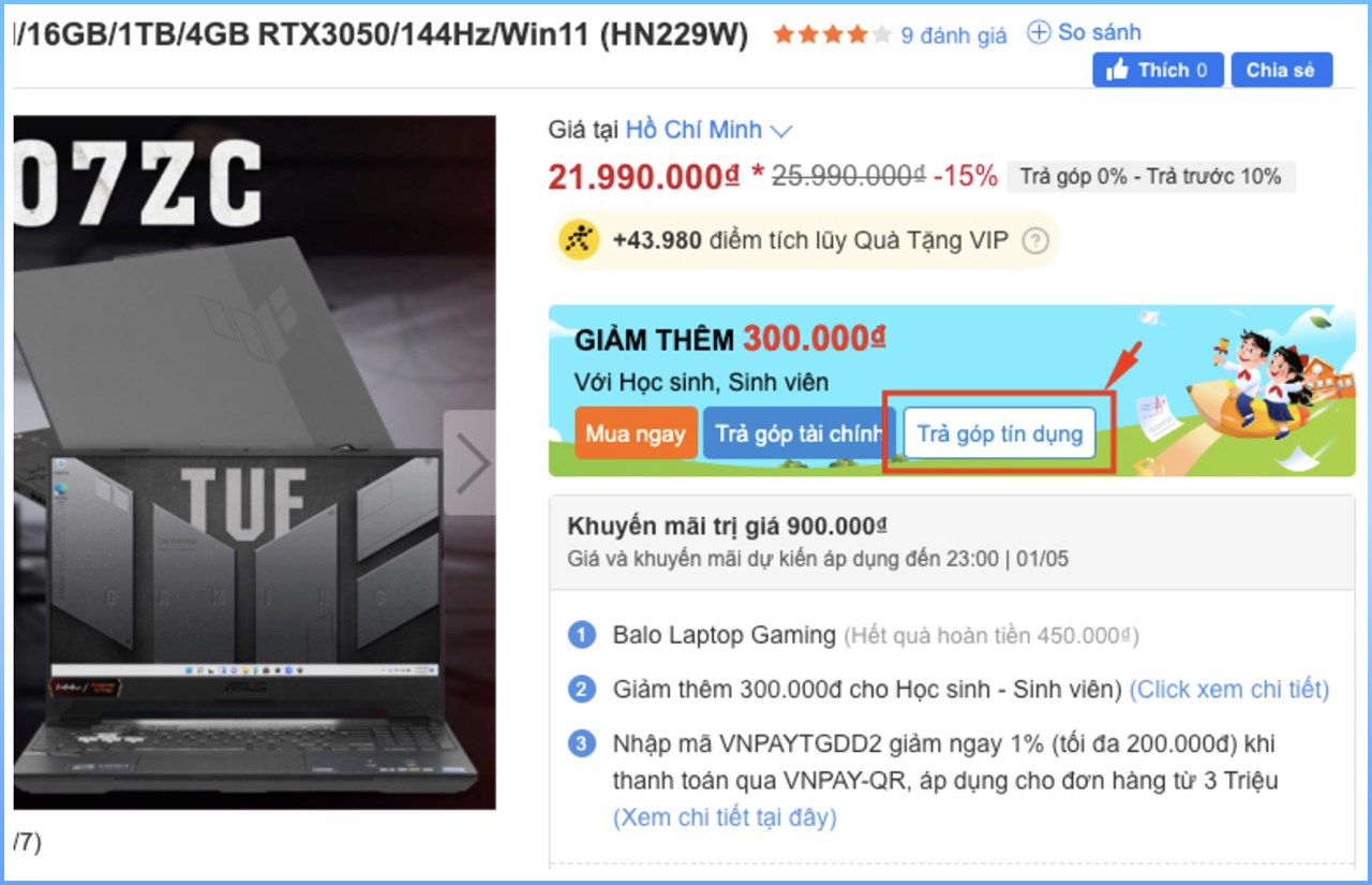 Mua trả góp qua thẻ tín dụng: Khách hàng vui lòng bấm nút “Trả góp tín dụng” trên Banner 