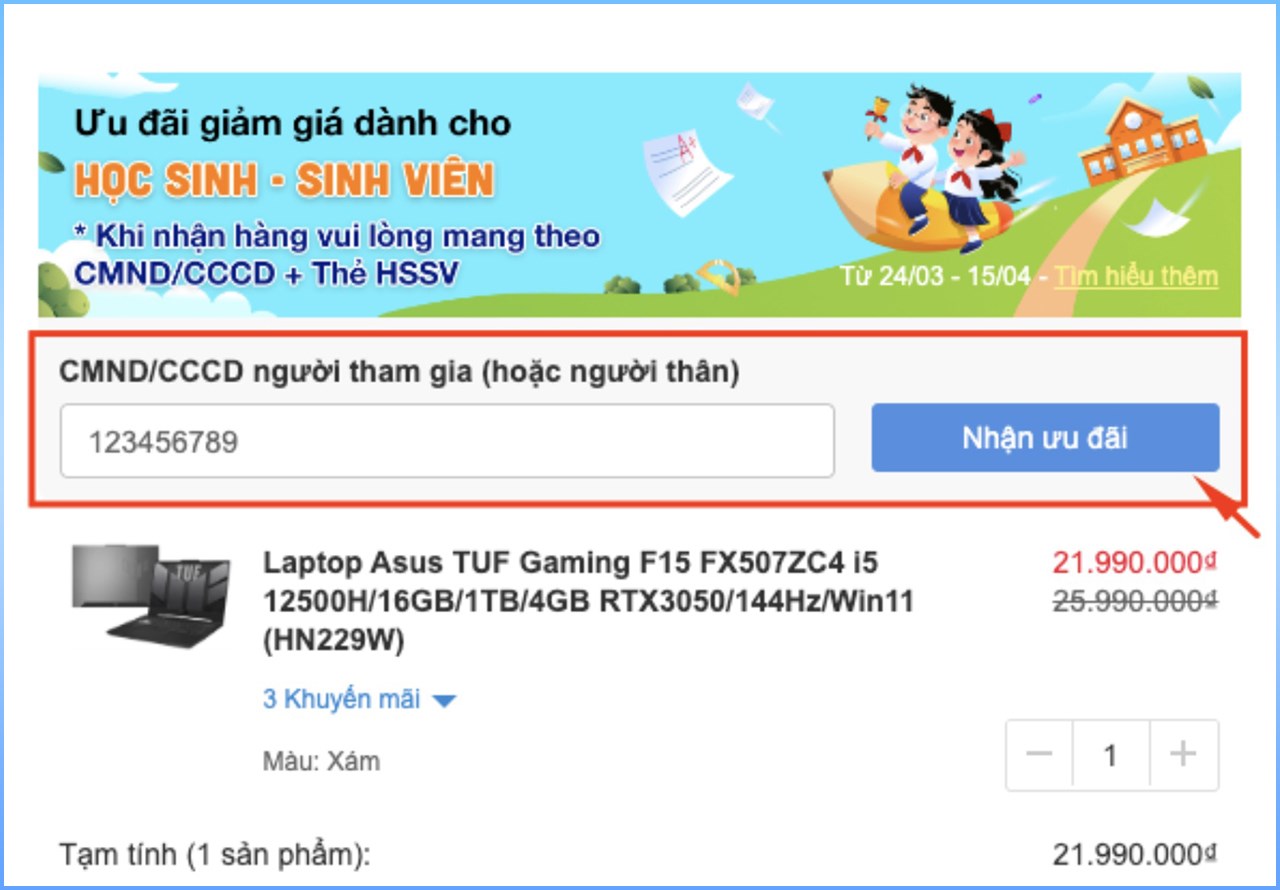 Tại giao diện giỏ hàng, khách hàng nhập CMND/CCCD và bấm nhận ưu đãi