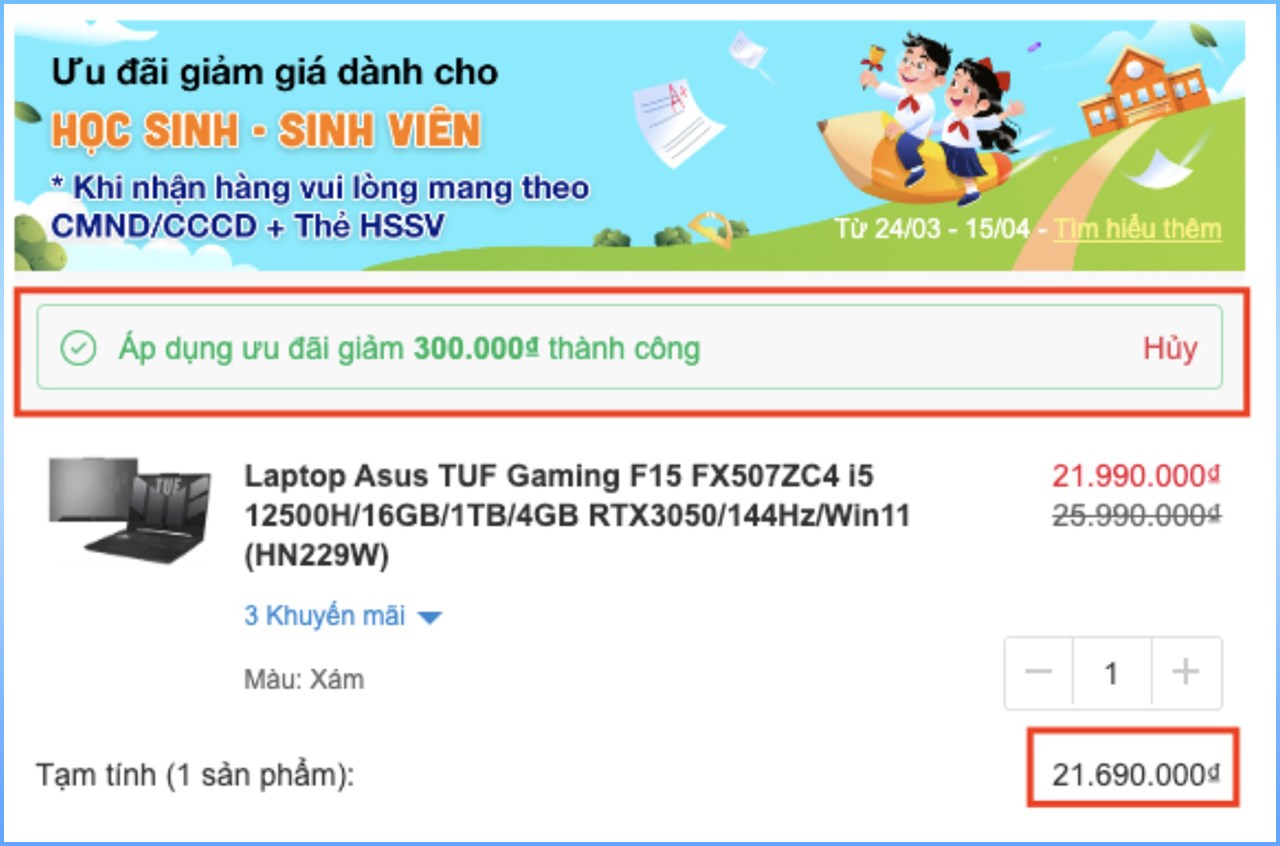 Khuyến mãi Học sinh, Sinh viên sẽ được trừ trực tiếp vào giá sản phẩm trên giỏ hàng.