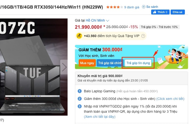 Mua trả chậm qua thẻ tín dụng